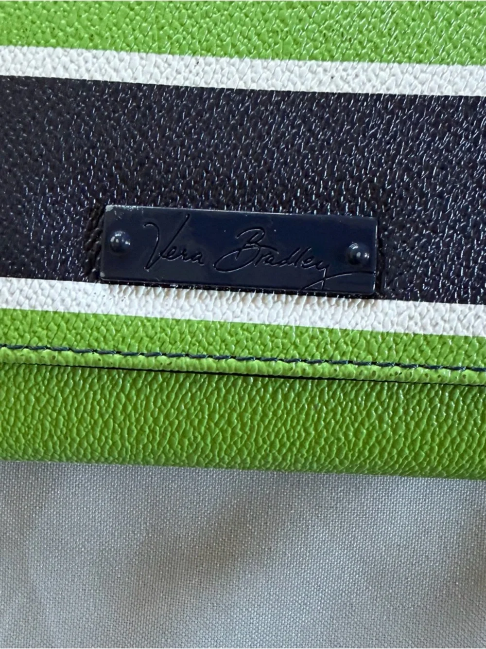 Vera Bradley Striped Lime Green and Navy Blue trifold Wallet Lucky Stripe - Picture 2 of 11